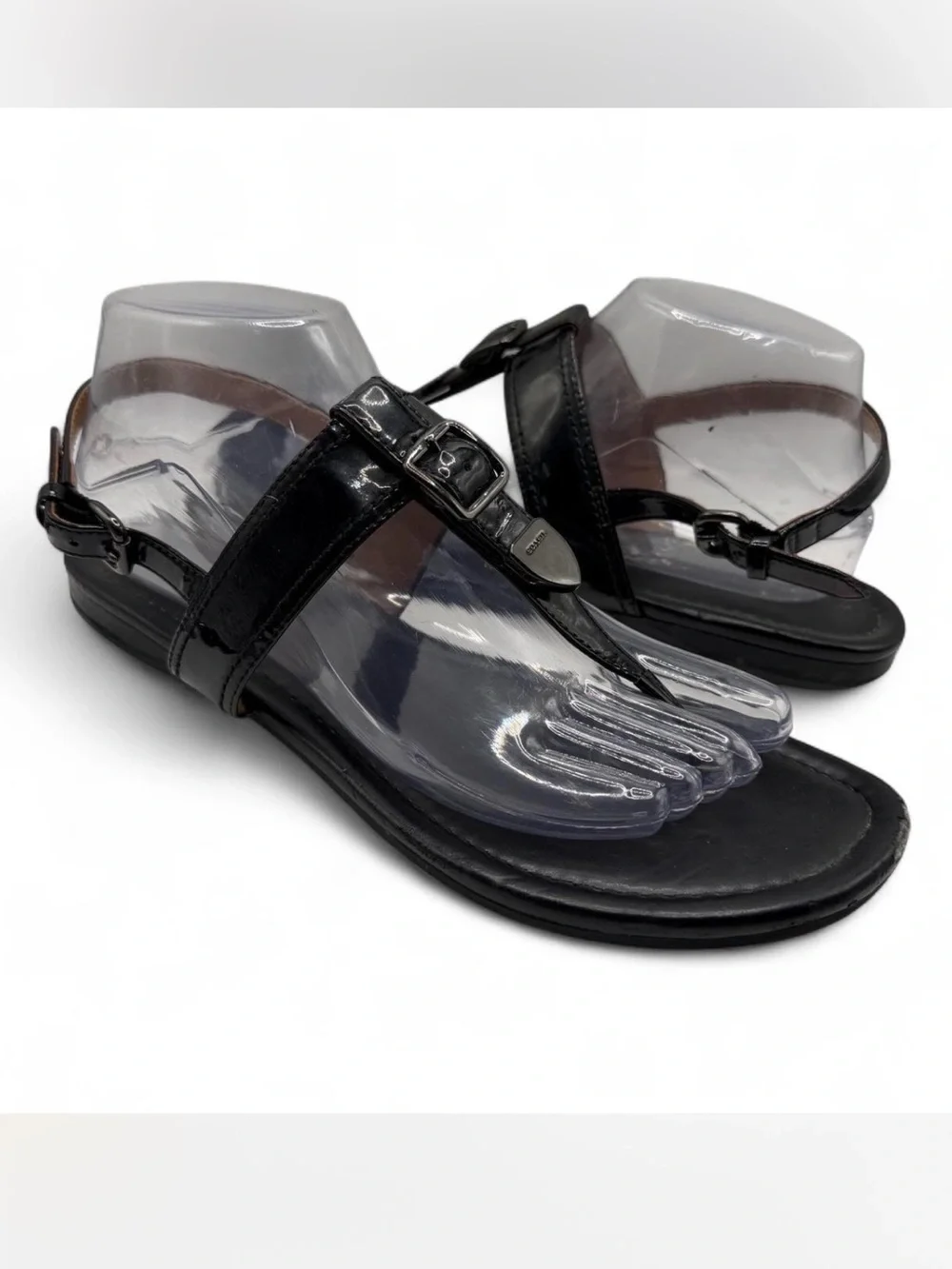 Coach Womens black Patent Leather T-Strap Sandals